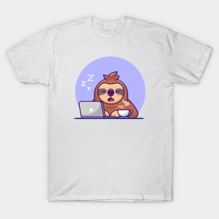 Sleepy Sloth With Laptop And Coffee T-Shirt